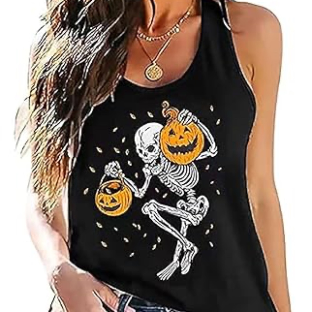 Women's Skelton w Pumpkins Black Soft Tank Top Loose Fit  Sz XXL   NWT Halloween